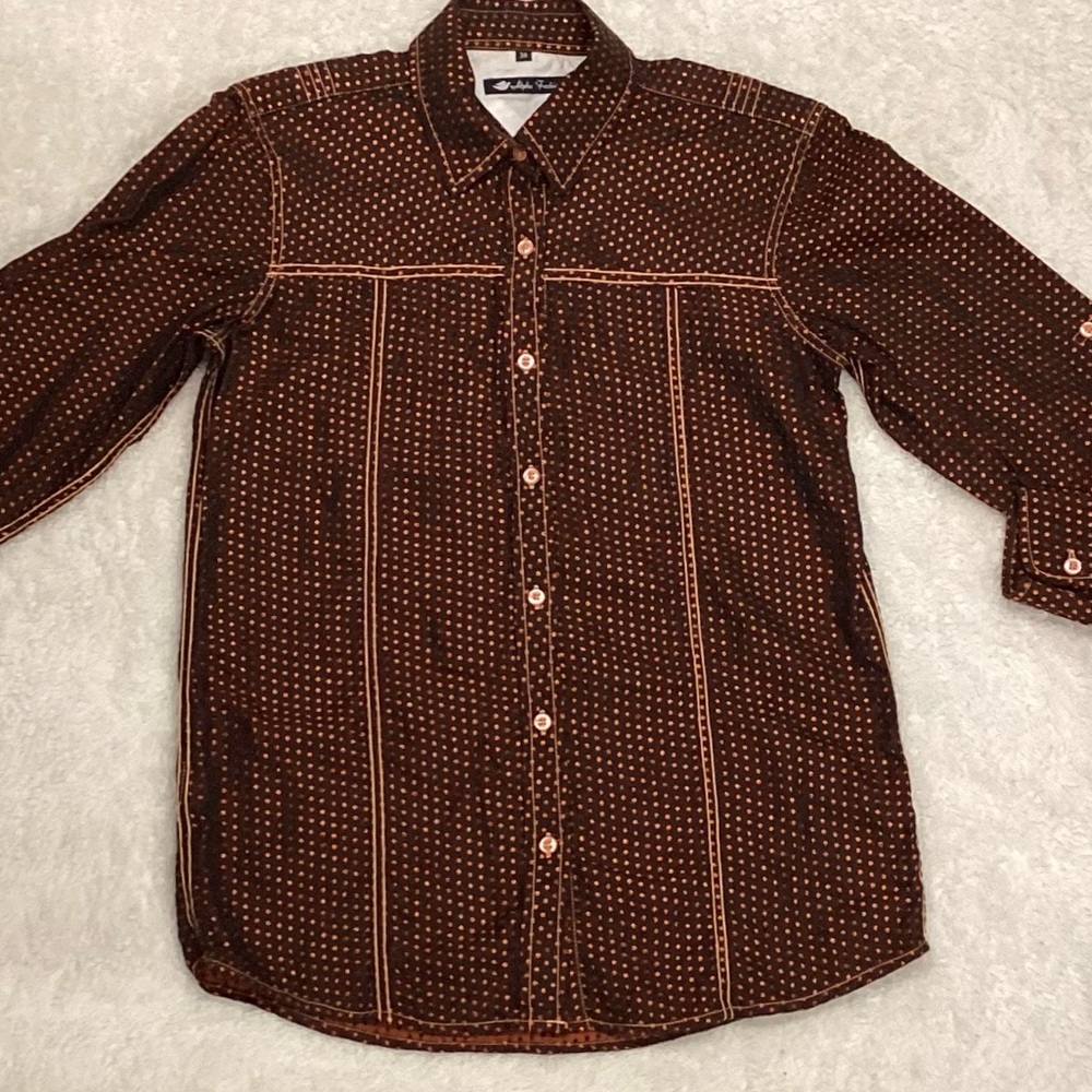 Men’s black w/ orange polka dots button-down western shirt by ALPHA FASHIONS/ M